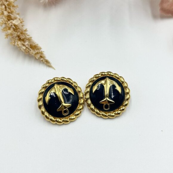 Vintage ALFRED SUNG Black Anchor Clip On Earrings - Picture 1 of 4